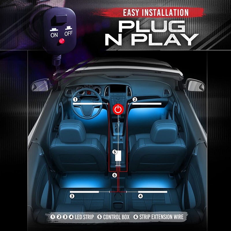 OPT7 Aura Interior Car Lights 6pc with Remote Control, Color Change, Music Sync Inside Ambient Lighting Kit, Car Truck LED Lights Under Dash Accessories, Charger Adapter 12V, 6pc Single Row LED Strip - Image 4